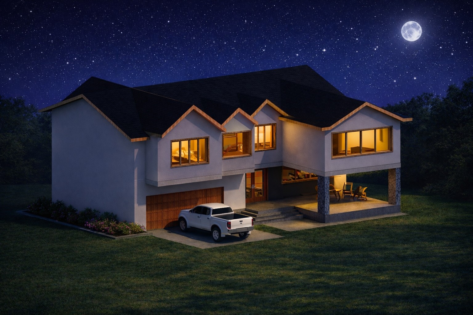 Front 3D isometric rendering of a 2681 sq ft 3-bedroom 2-story house plan in California