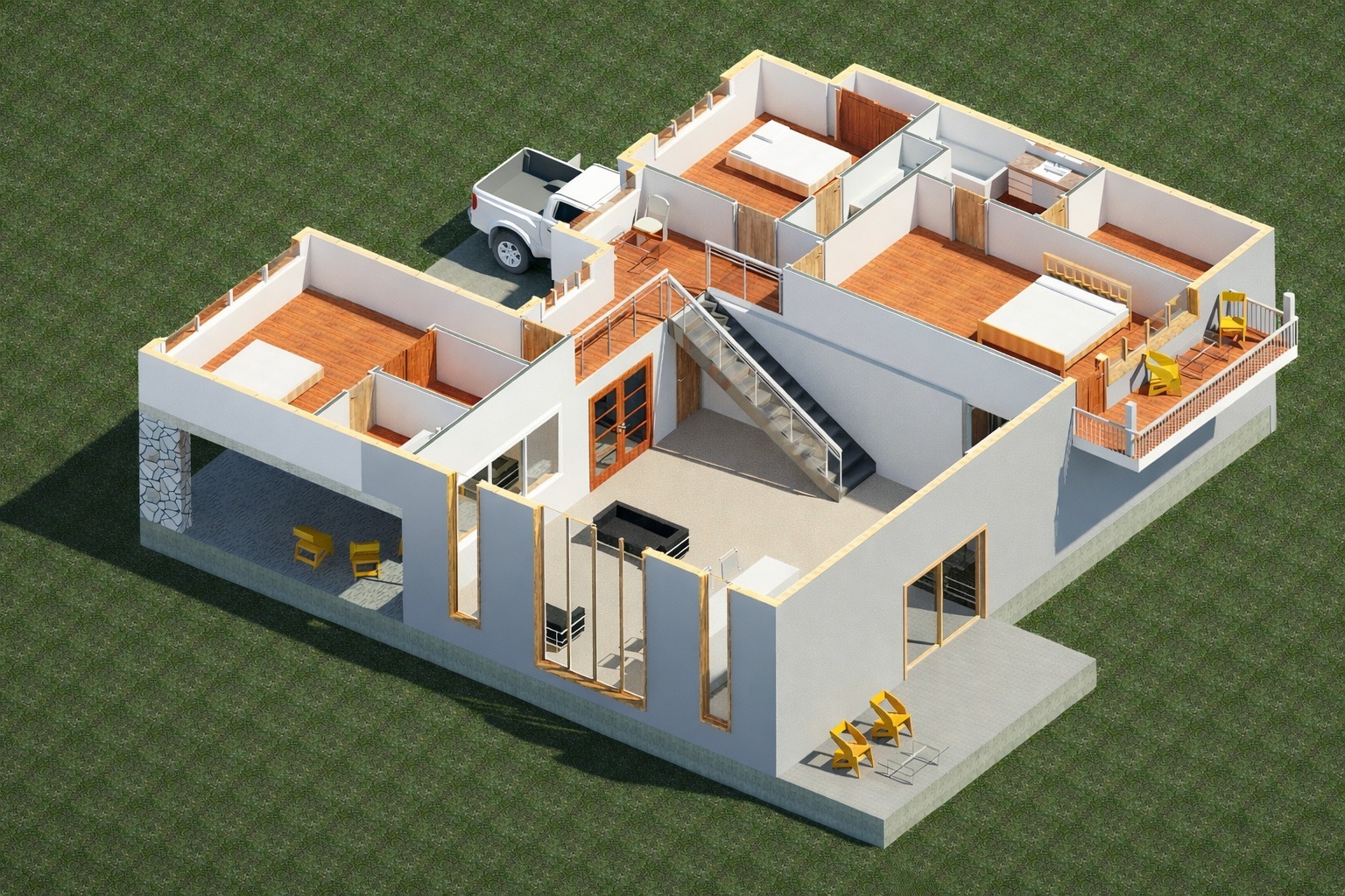 Second floor interior cutaway of a 2681 sq ft 3-bedroom 2-story California house plan