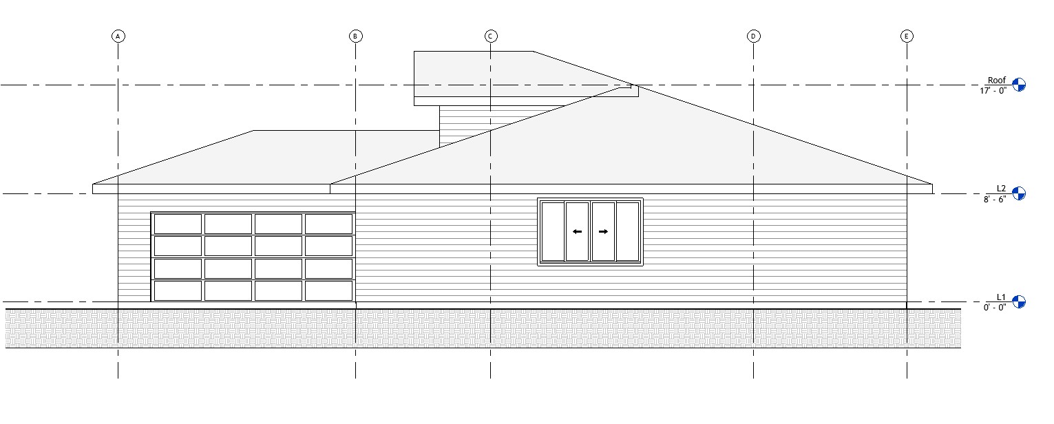 Left side elevation drawing of a 3047 sq ft 2-story California house plan