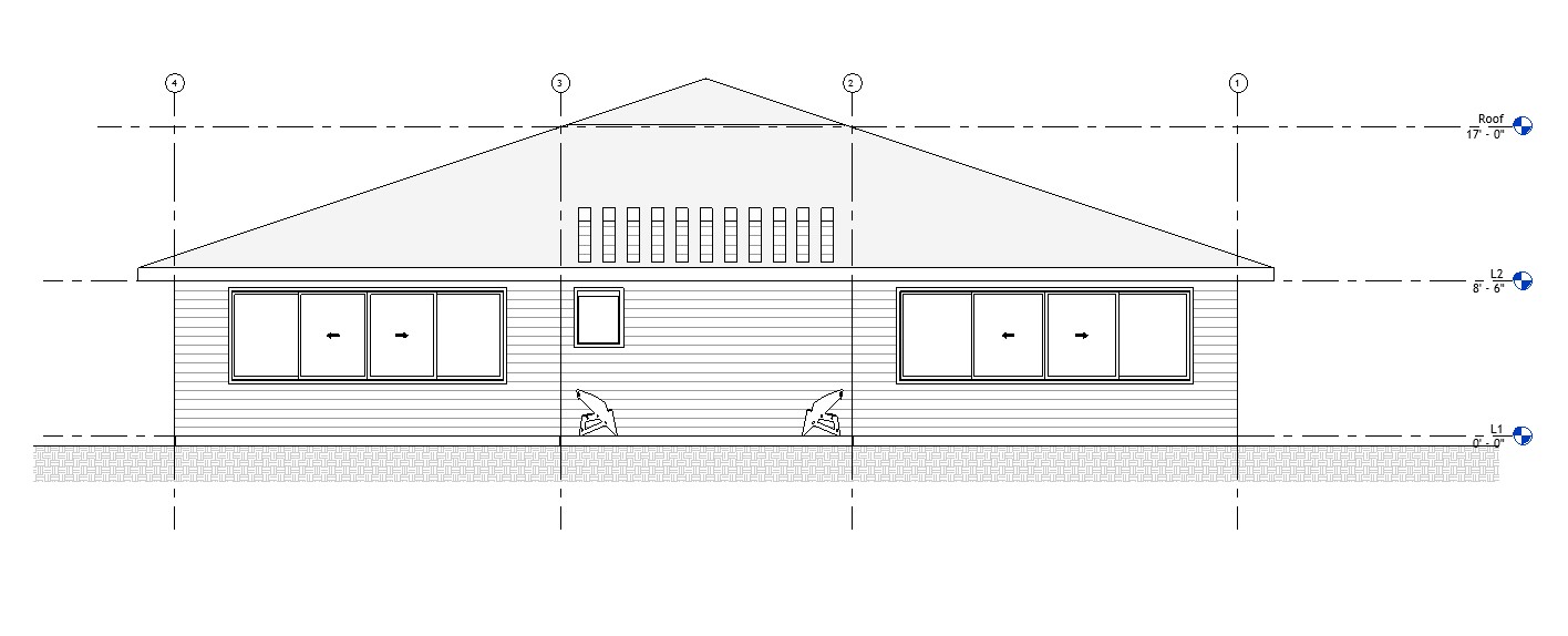 Rear elevation drawing of a 3047 sq ft 2-story California house plan