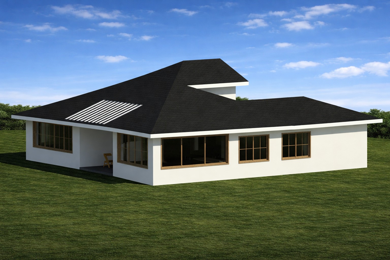 Isometric exterior view of a 3047 sq ft 4-bedroom California house plan