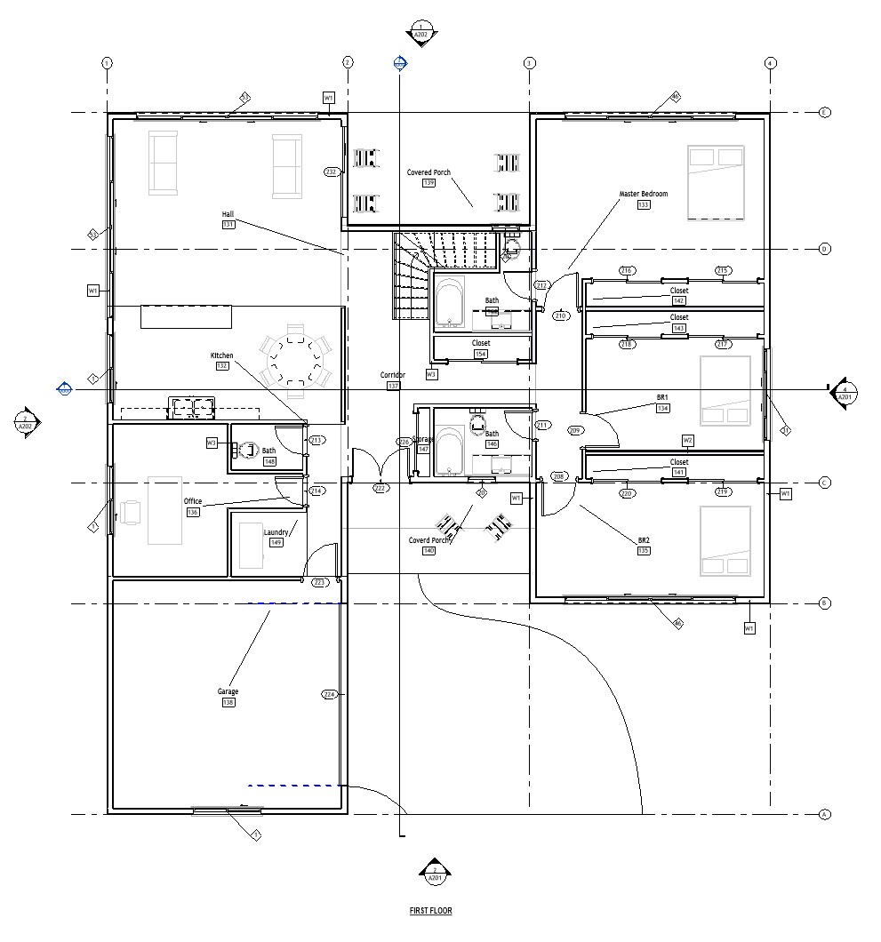 First floor plan of a 3047 sq ft 4-bedroom 2-story California house plan