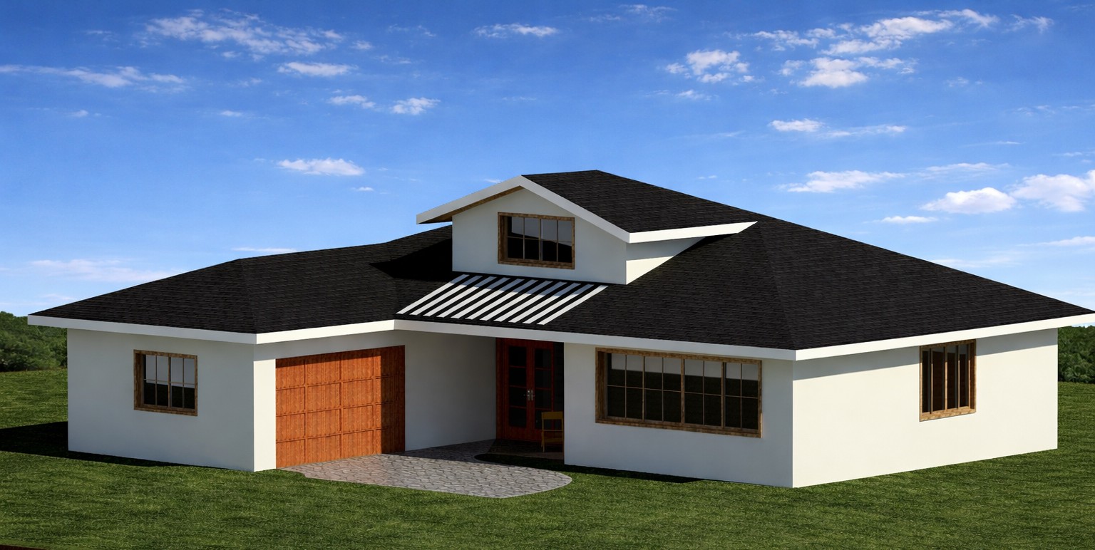 Front 3D isometric rendering of a 3047 sq ft 4-bedroom 2-story house plan in California