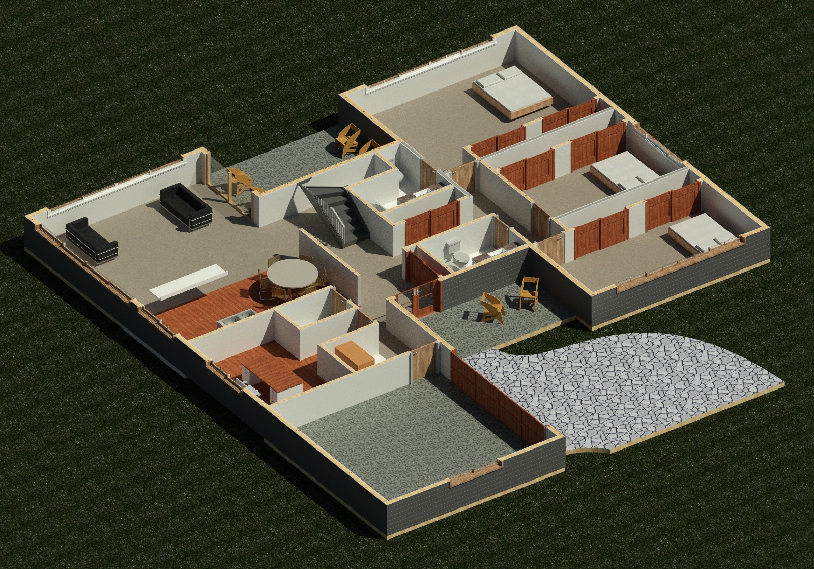 First floor isometric interior view of a 3047 sq ft 4-bedroom California house plan
