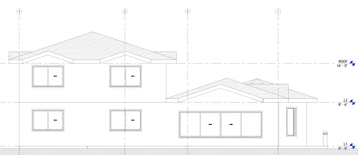 Left side elevation drawing of a 3070 sq ft 2-story California house plan