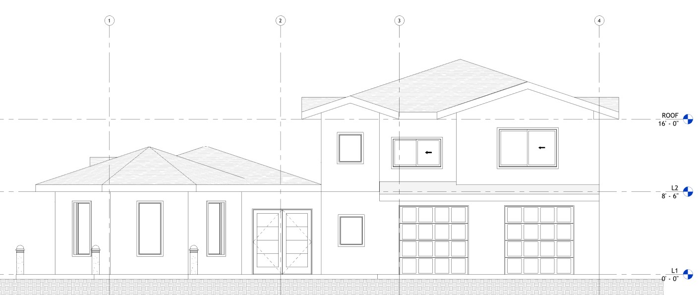 Rear elevation drawing of a 3070 sq ft 2-story California house plan