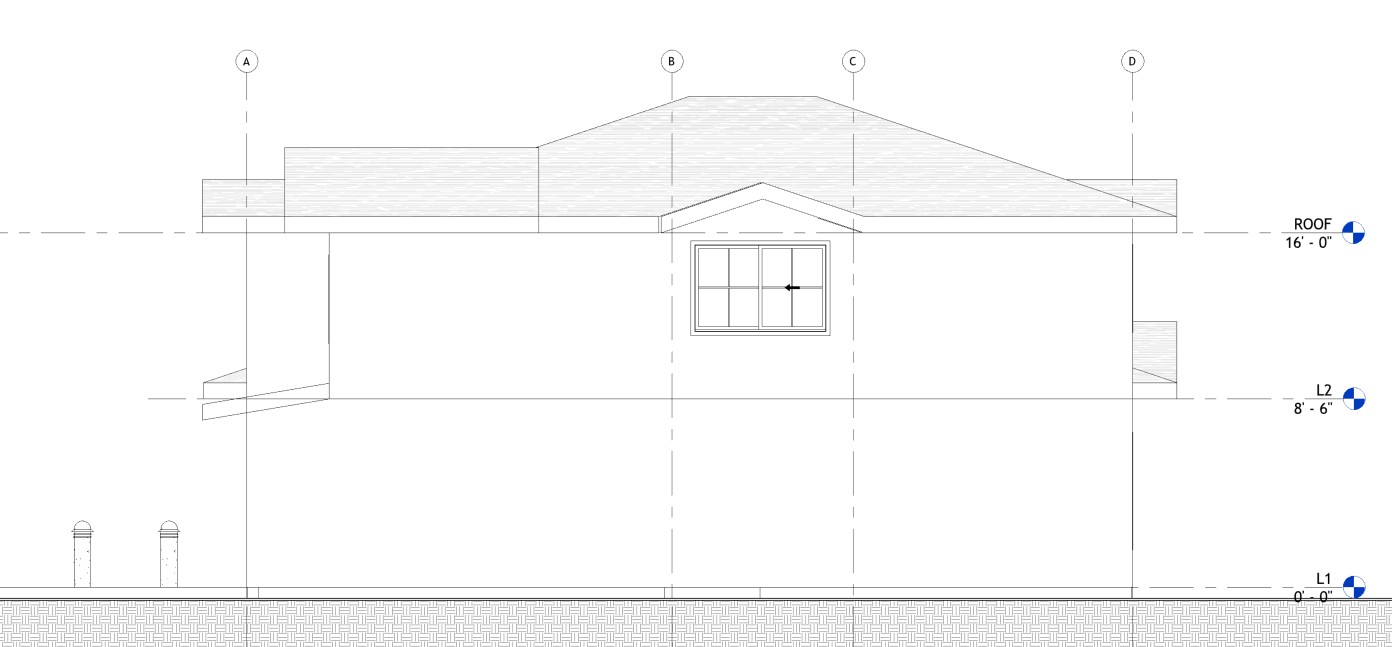 Right side elevation drawing of a 3070 sq ft 2-story California house plan