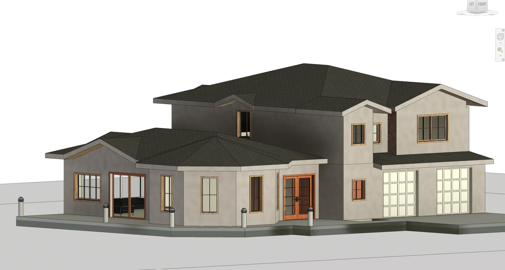 Isometric exterior view of a 3070 sq ft 4-bedroom California house plan