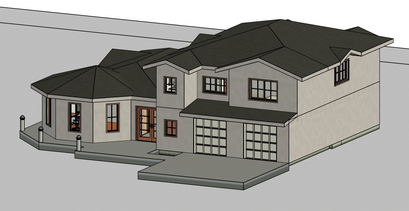 Exterior perspective view of a 3070 sq ft 4-bedroom California house plan