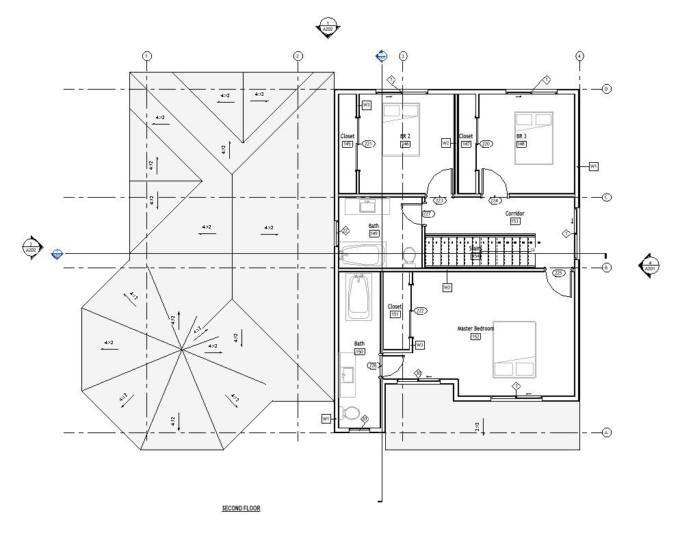 Second floor plan of a 3070 sq ft 4-bedroom 2-story California house plan