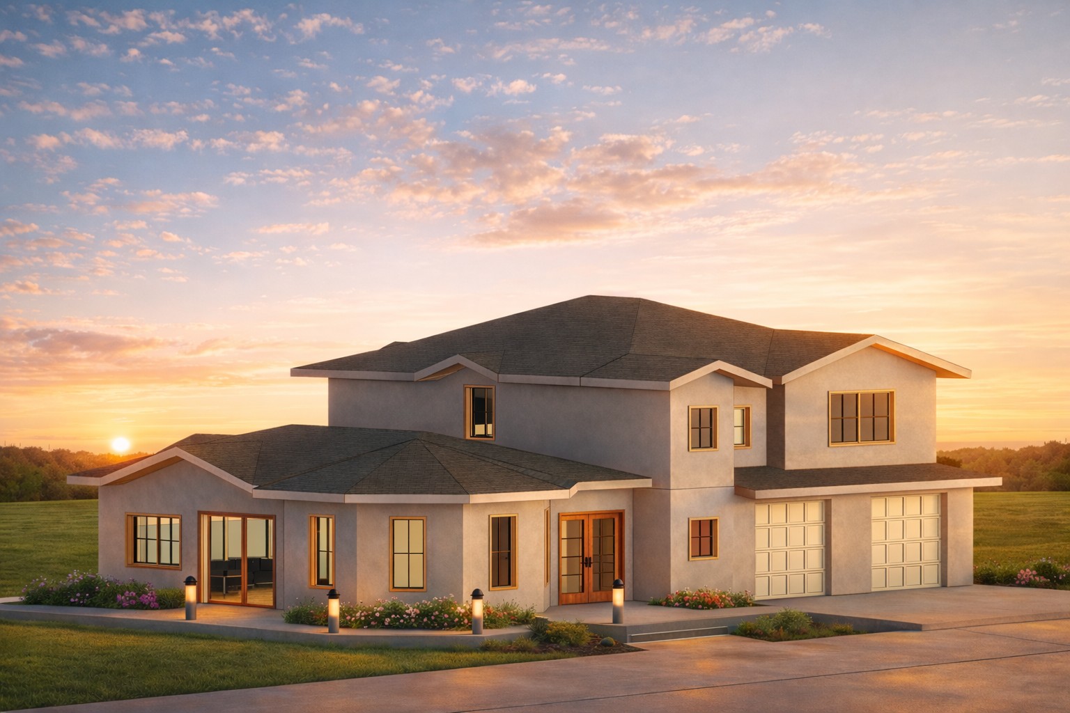 Front 3D isometric rendering of a 3070 sq ft 4-bedroom 2-story house plan in California