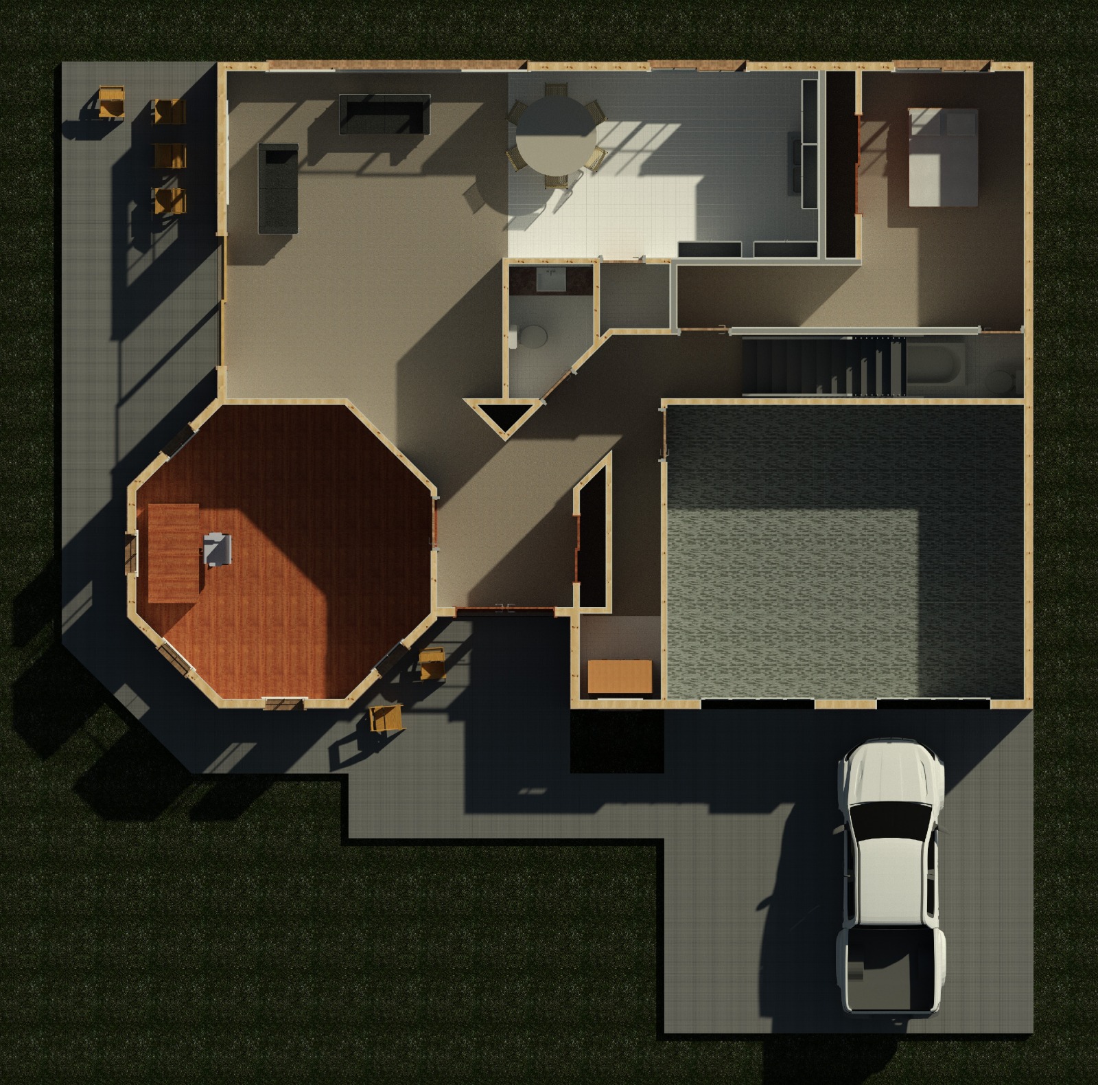 First floor isometric interior view of a 3070 sq ft 4-bedroom California house plan