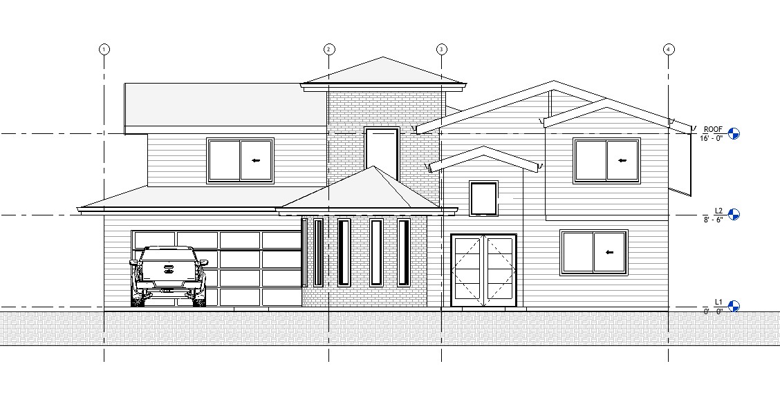 Front elevation drawing of a 3419 sq ft 2-story California house plan