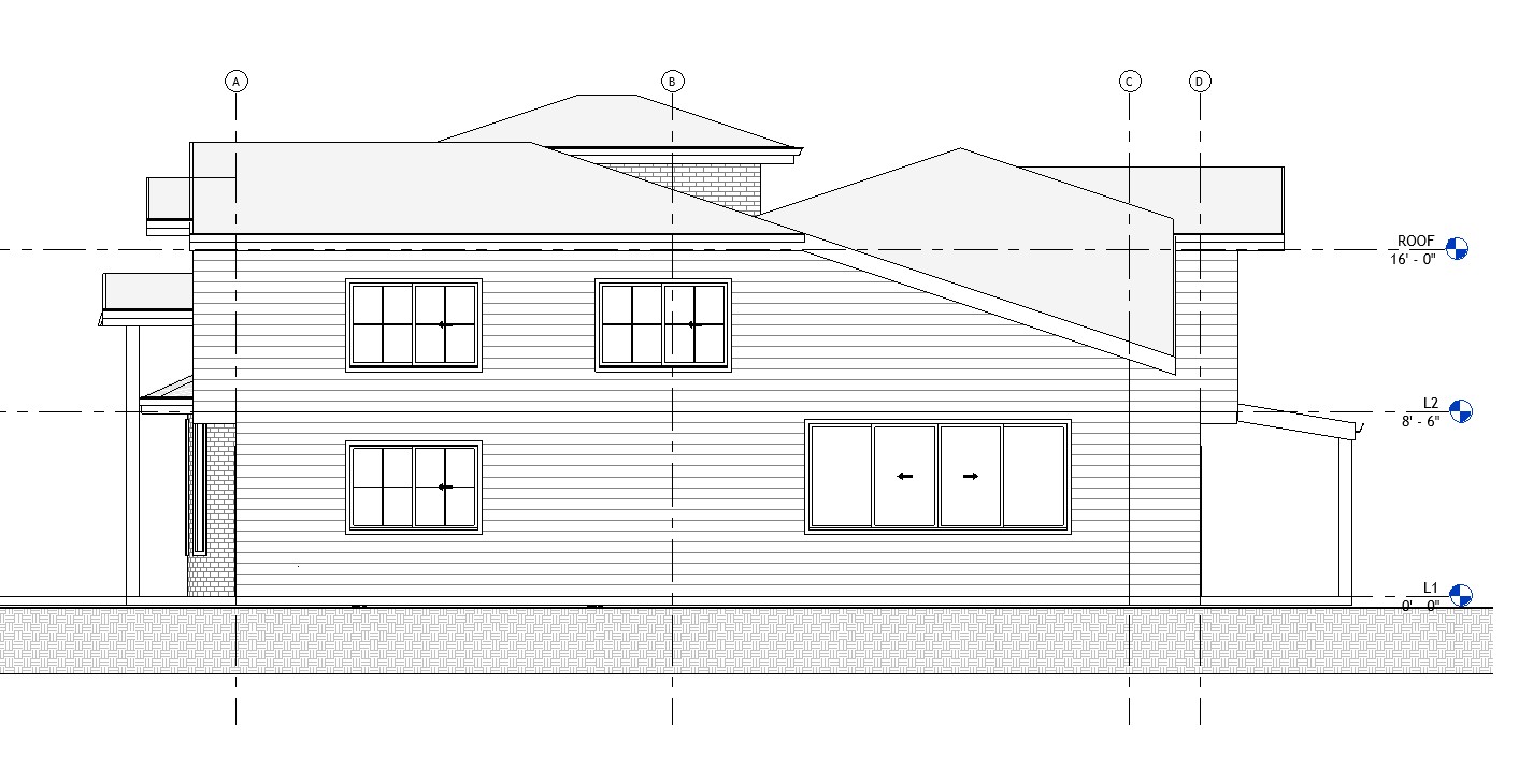 Left side elevation drawing of a 3419 sq ft 2-story California house plan