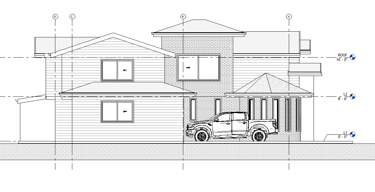 Rear elevation drawing of a 3419 sq ft 2-story California house plan