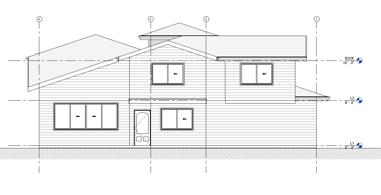 Right side elevation drawing of a 3419 sq ft 2-story California house plan