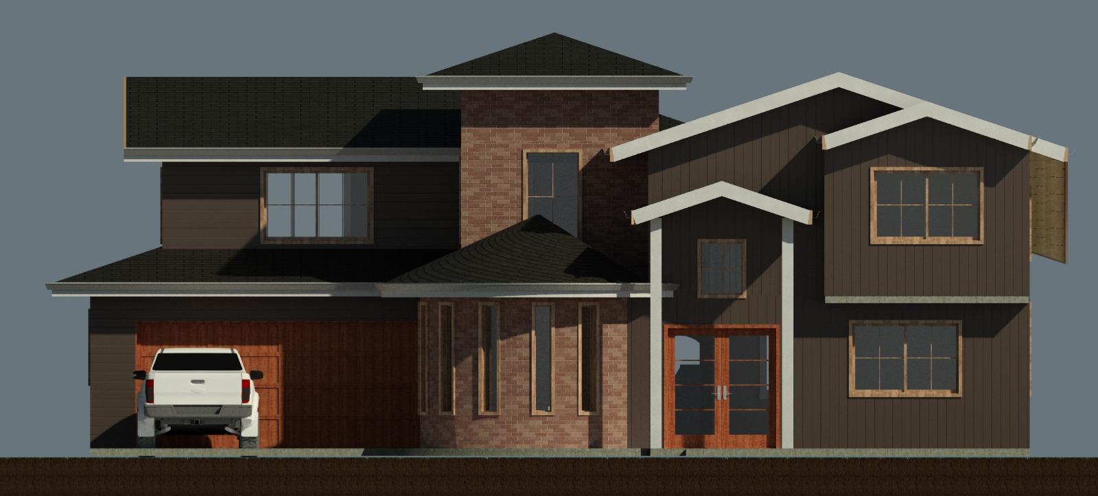 Isometric exterior view of a 3419 sq ft 4-bedroom California house plan