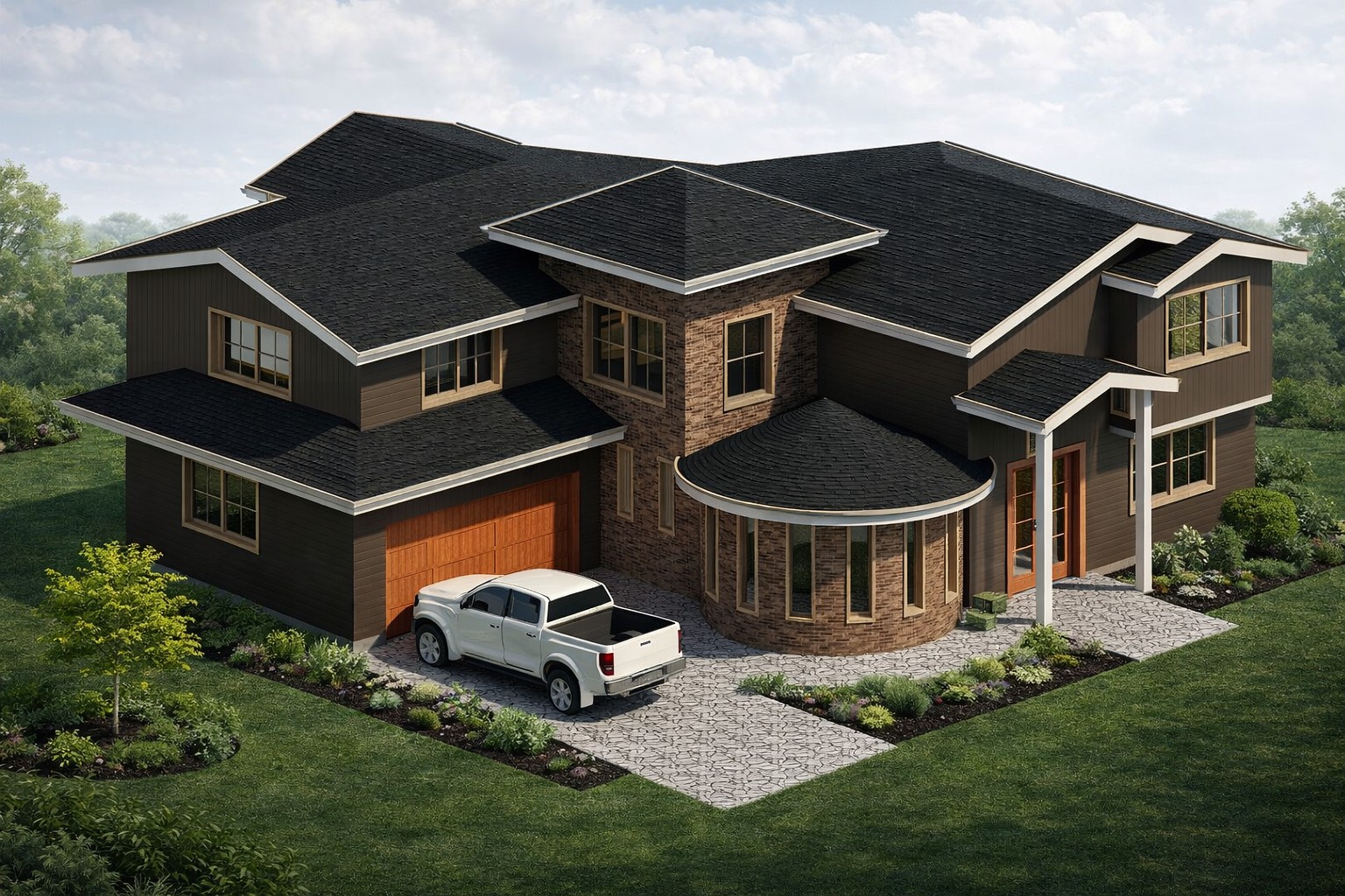 Front 3D isometric rendering of a 3419 sq ft 4-bedroom 2-story house plan in California