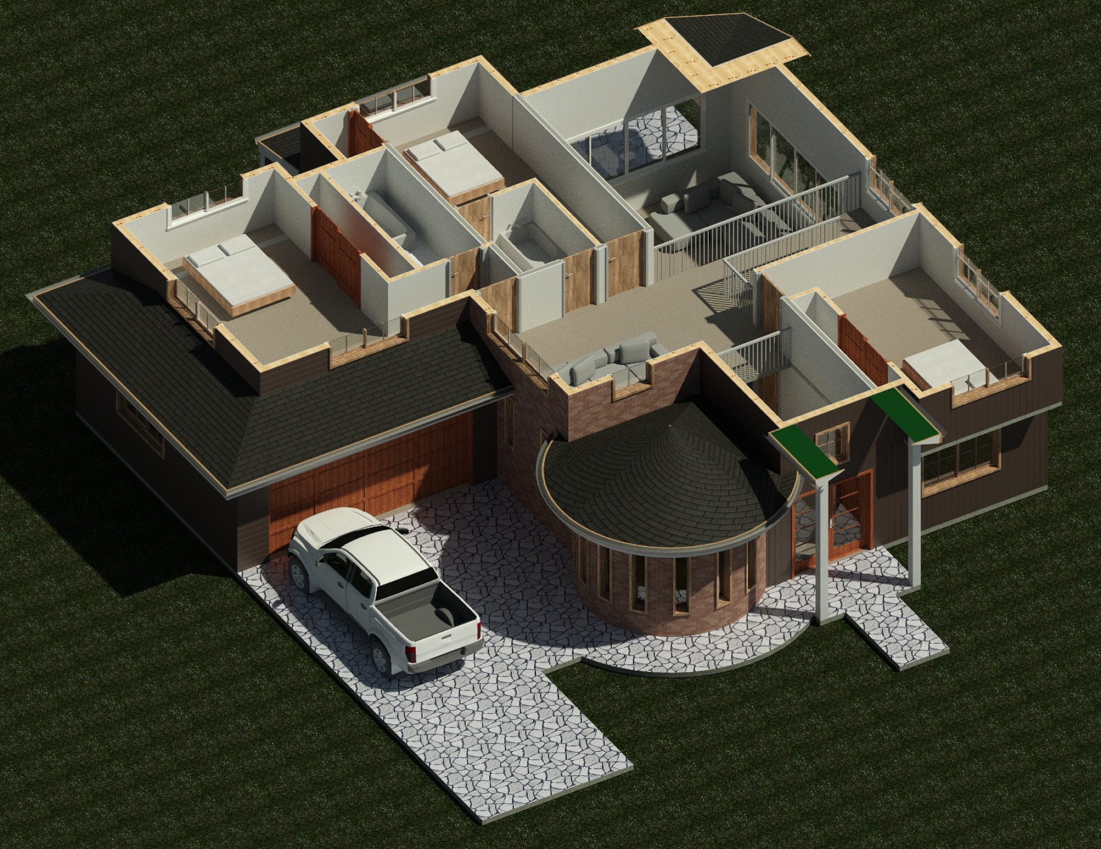 Second floor isometric interior view of a 3419 sq ft 4-bedroom California house plan