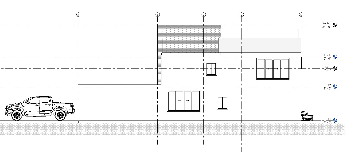 Left side elevation drawing of a 3119 sq ft 2-story California house plan