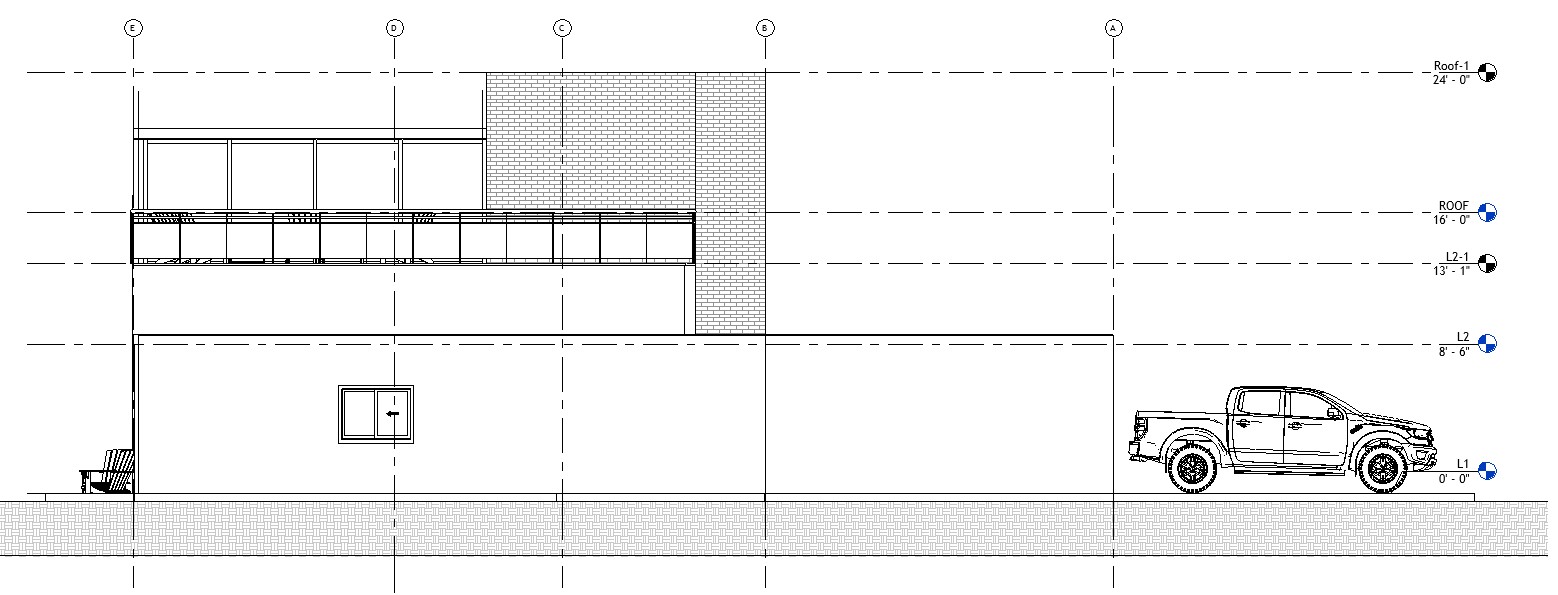 Right side elevation drawing of a 3119 sq ft 2-story California house plan