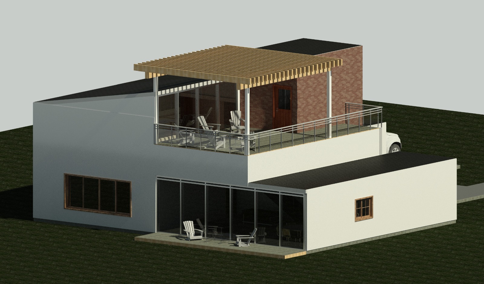 Isometric exterior view of a 3119 sq ft 5-bedroom California house plan
