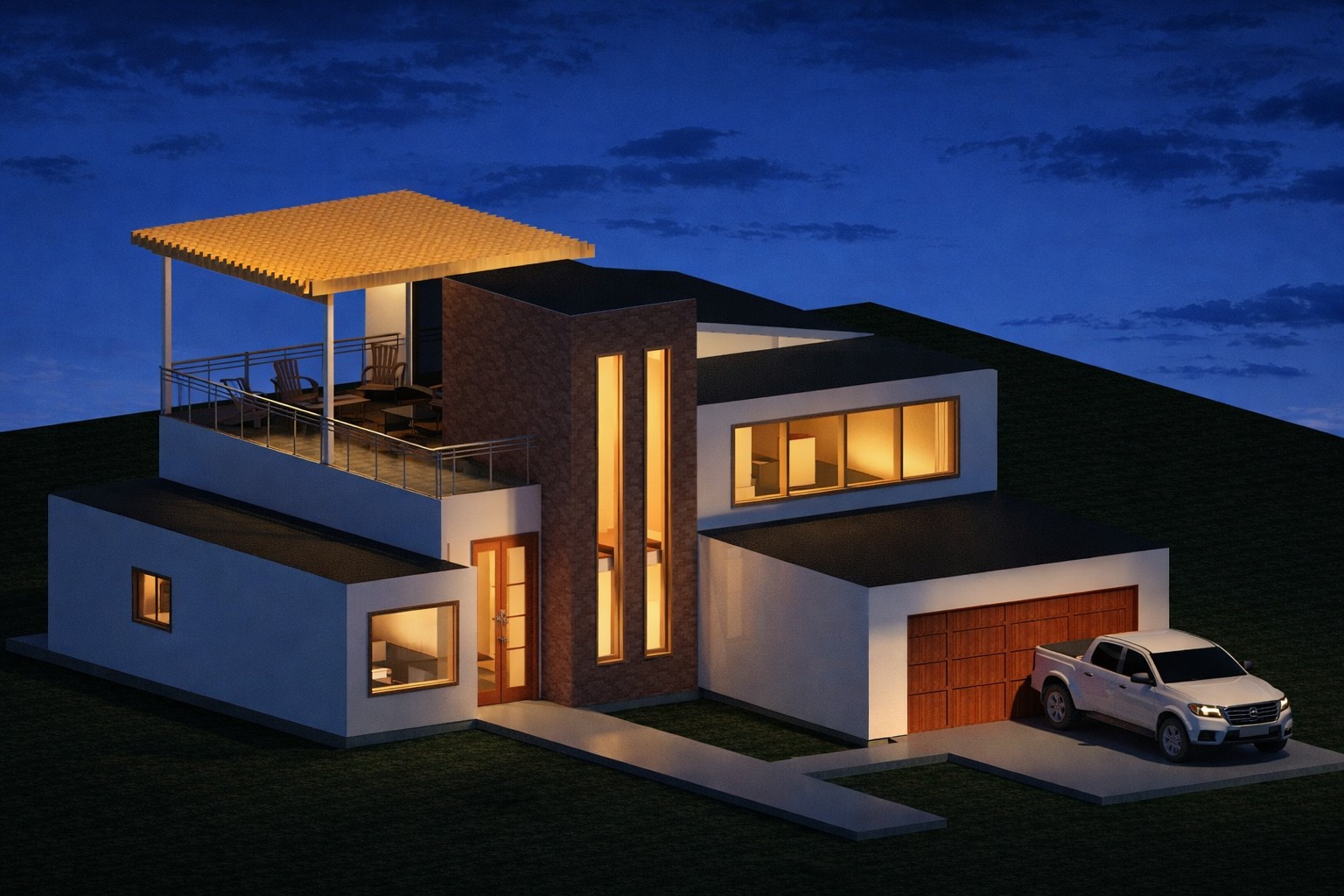Front 3D isometric rendering of a 3119 sq ft 5-bedroom 2-story house plan in California