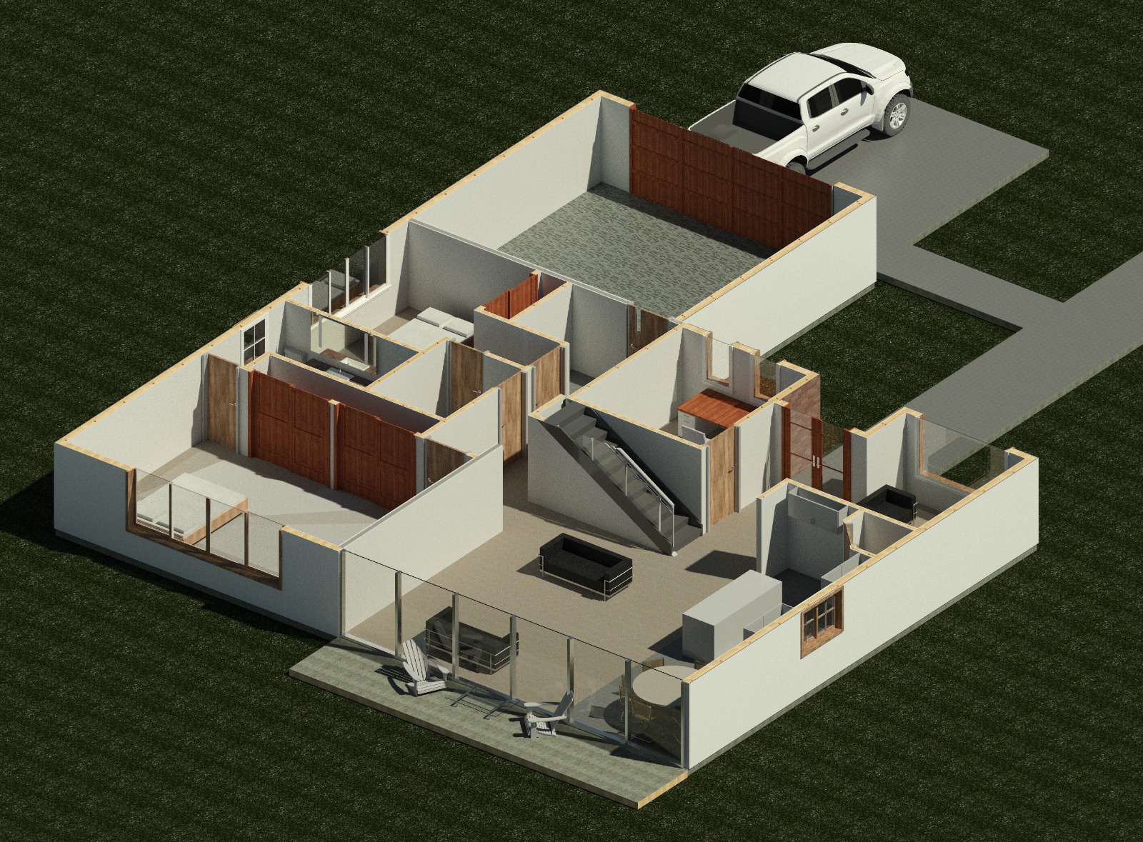 First floor isometric interior view of a 3119 sq ft 5-bedroom California house plan