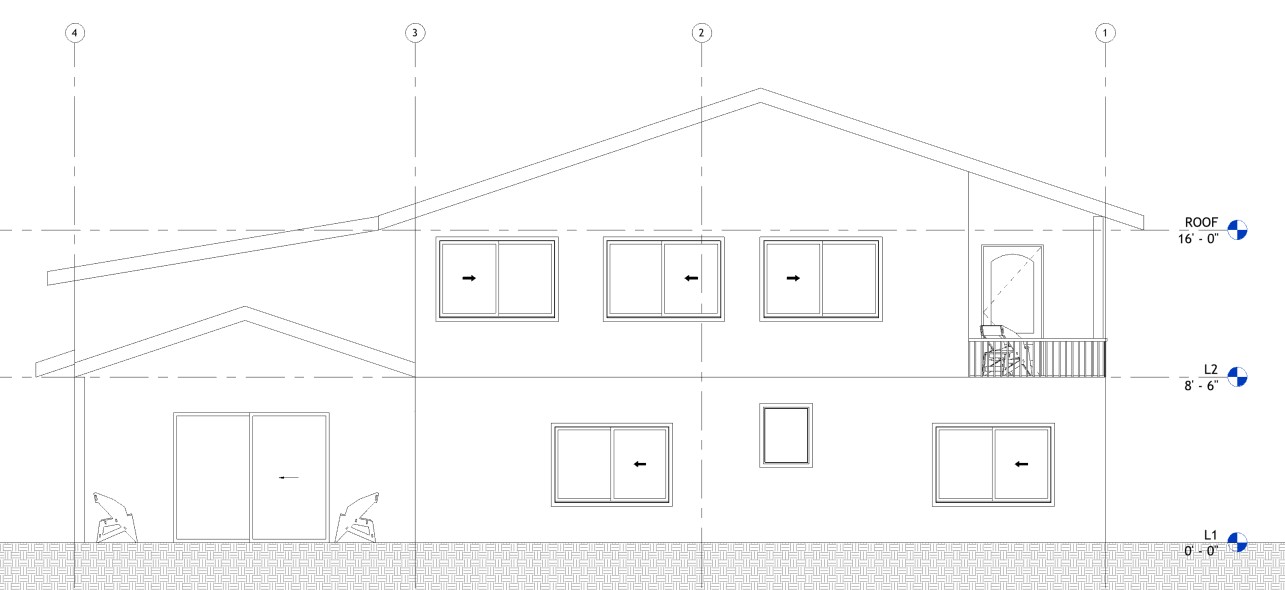 Rear elevation drawing of a 3358 sq ft 2-story California house plan