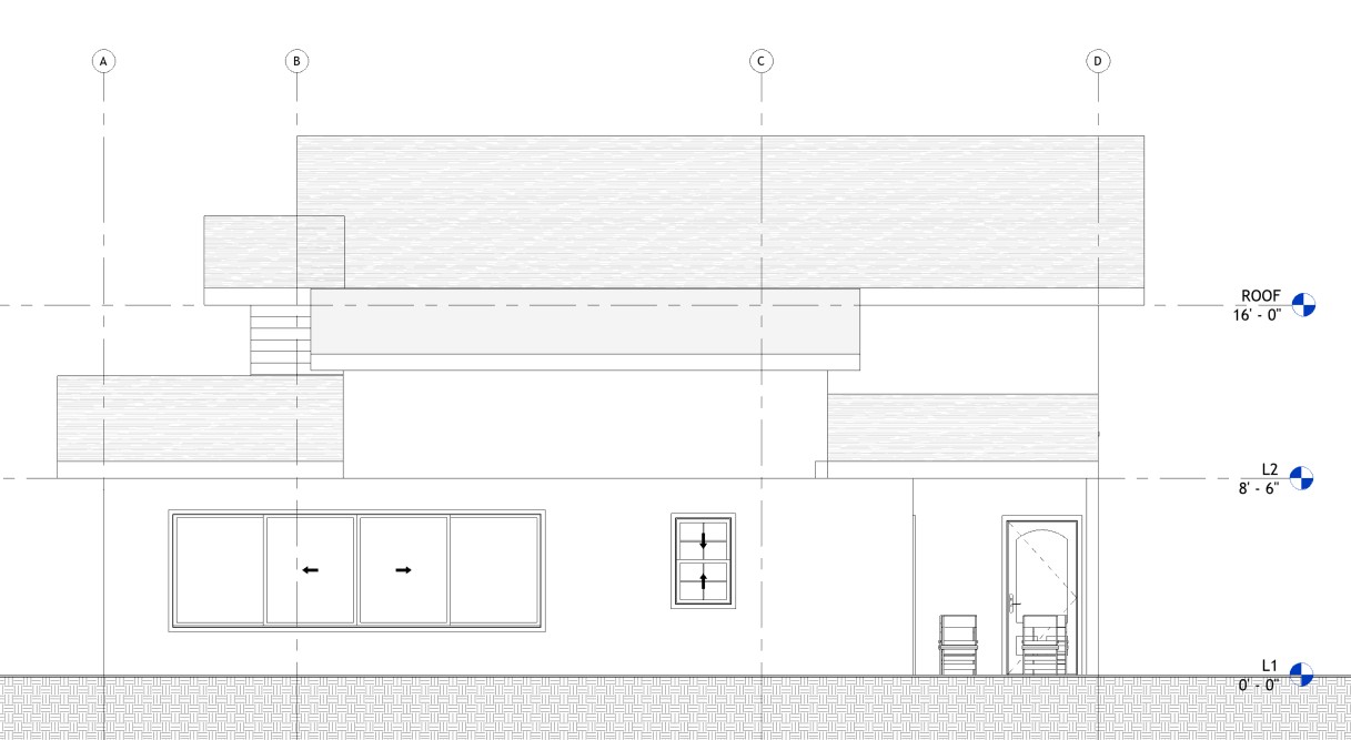 Right side elevation drawing of a 3358 sq ft 2-story California house plan
