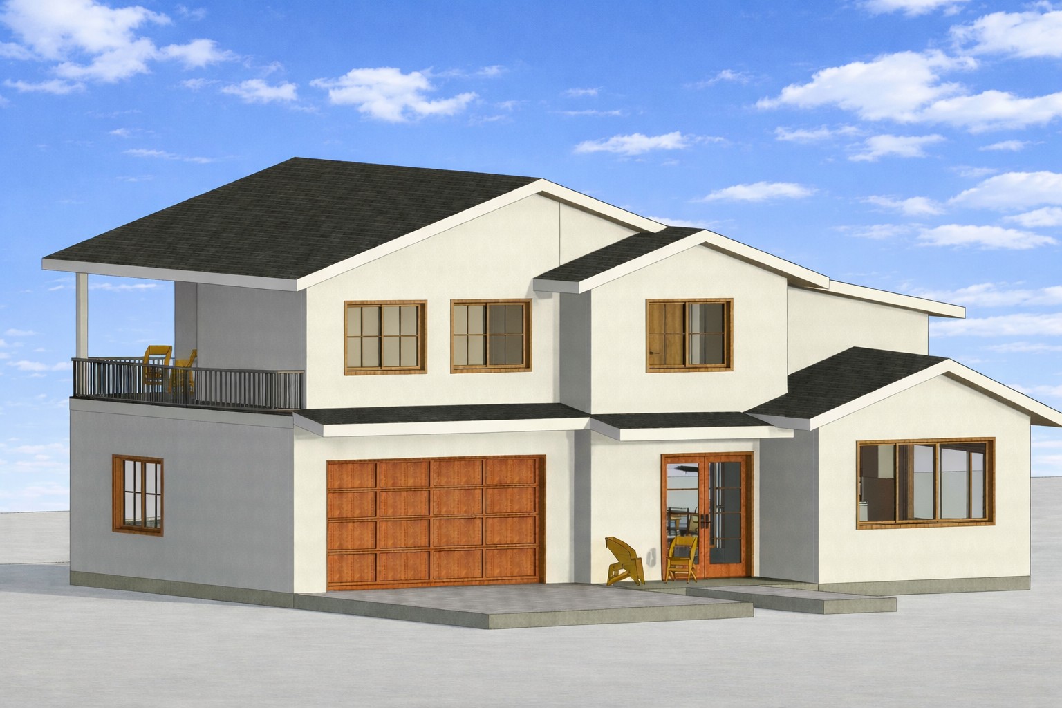 Isometric exterior view of a 3358 sq ft 5-bedroom California house plan