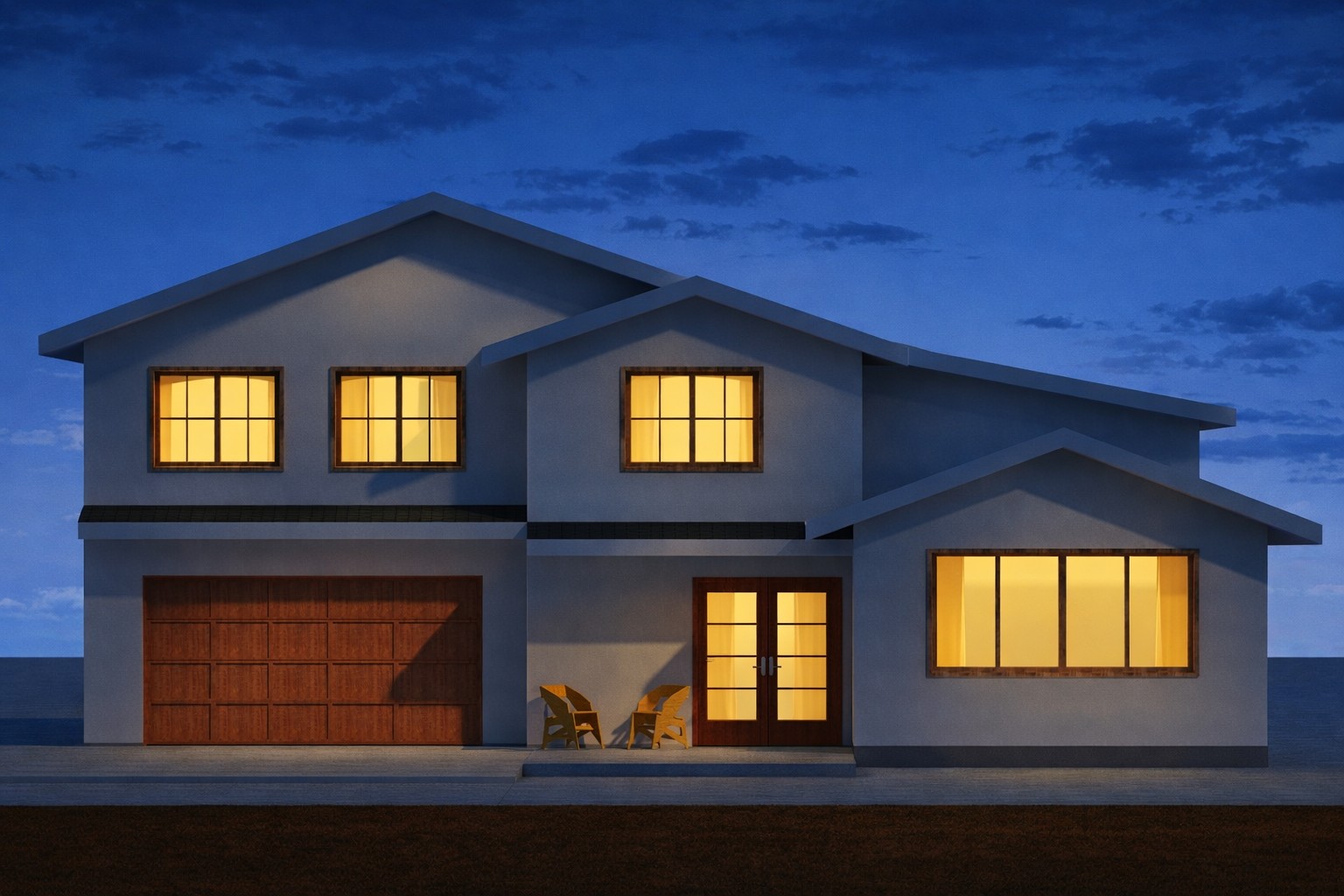 Exterior perspective view of a 3358 sq ft 5-bedroom California house plan