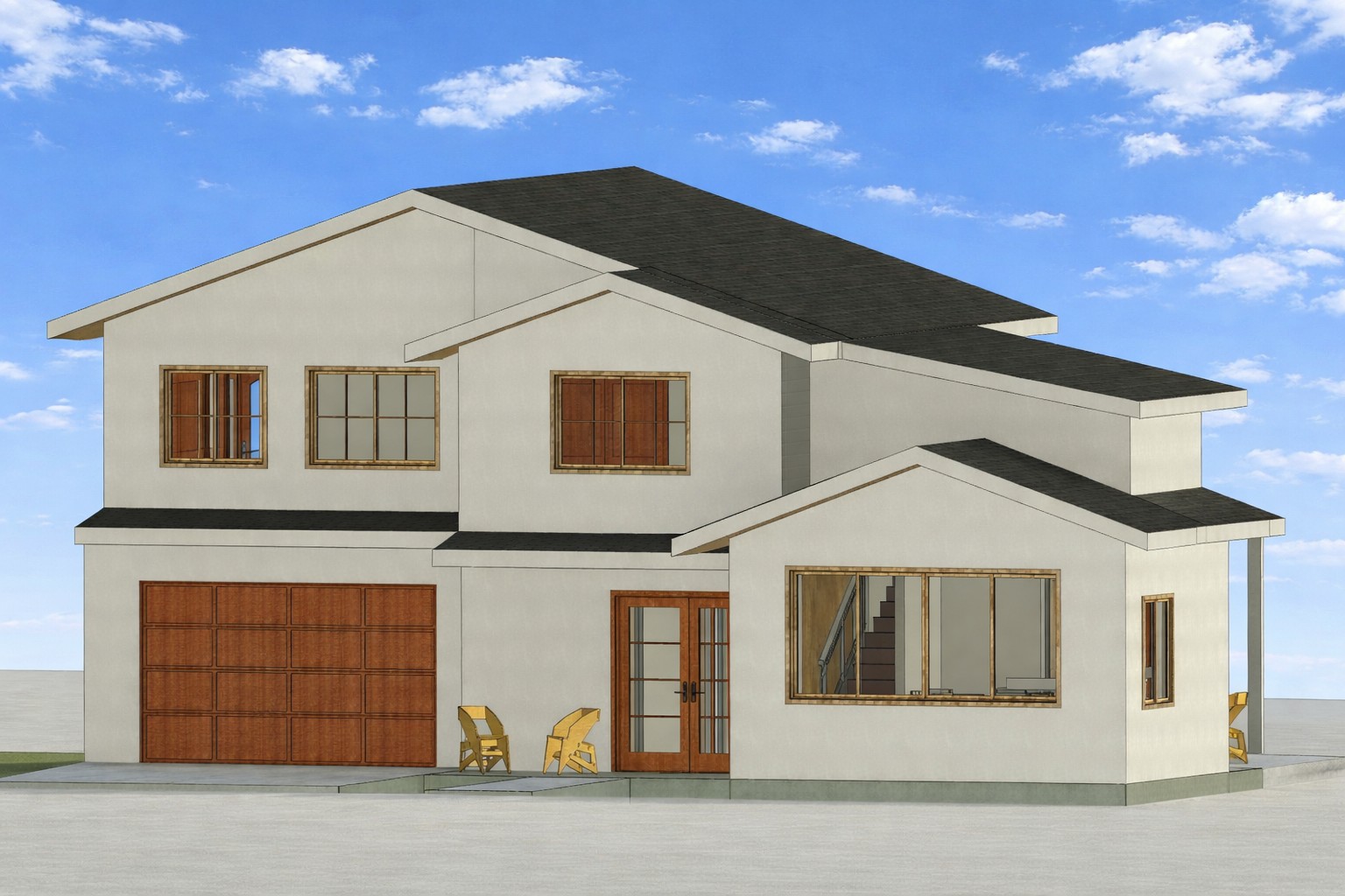 Front 3D isometric rendering of a 3358 sq ft 5-bedroom 2-story house plan in California