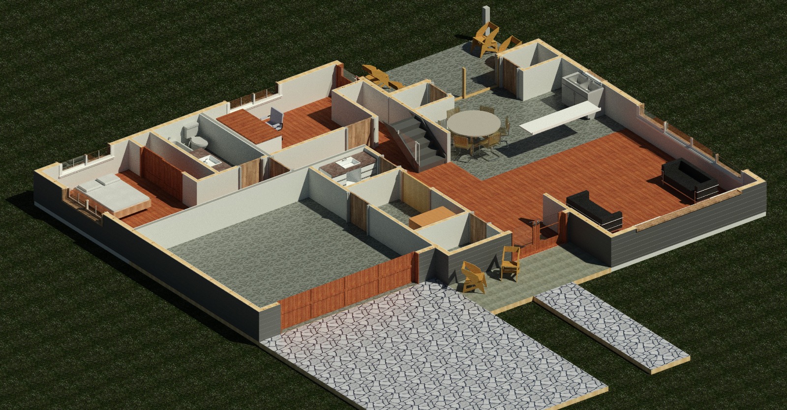 First floor isometric interior view of a 3358 sq ft 5-bedroom California house plan