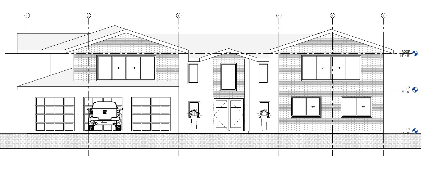 Front elevation drawing of a 5090 sq ft 2-story California house plan