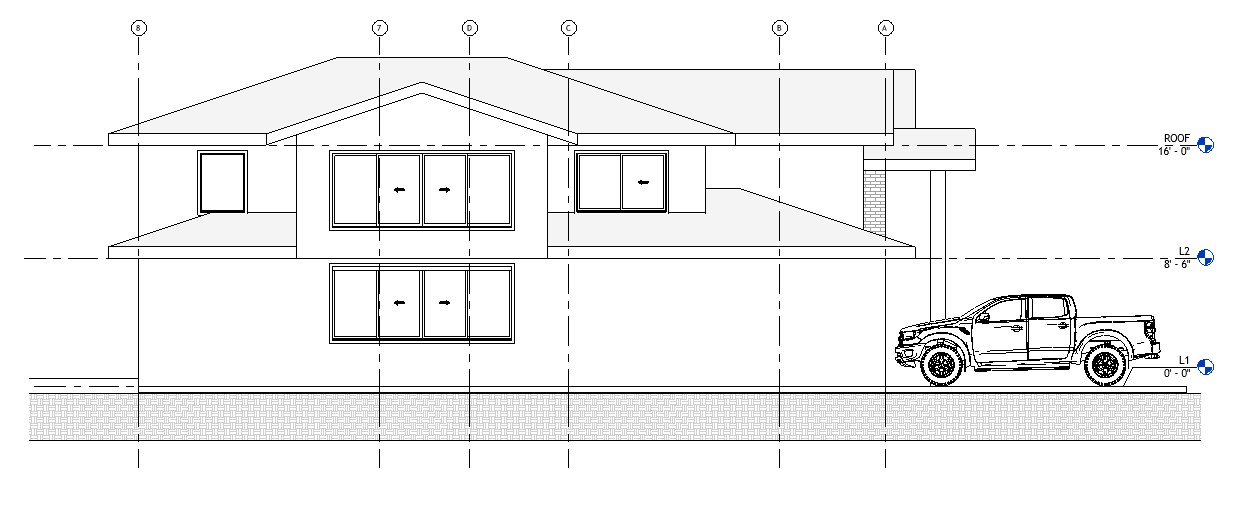 Left side elevation drawing of a 5090 sq ft 2-story California house plan