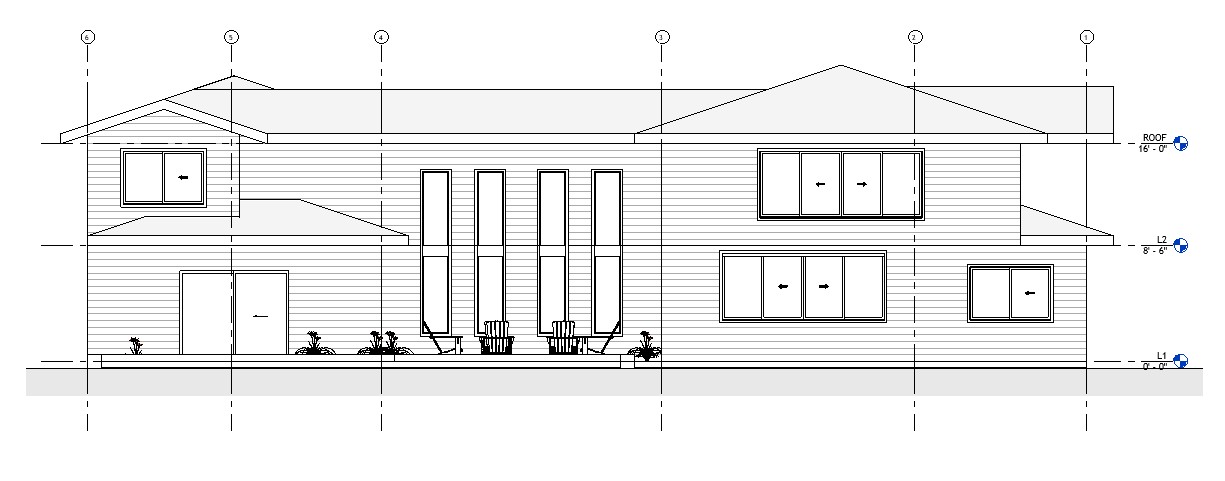 Rear elevation drawing of a 5090 sq ft 2-story California house plan