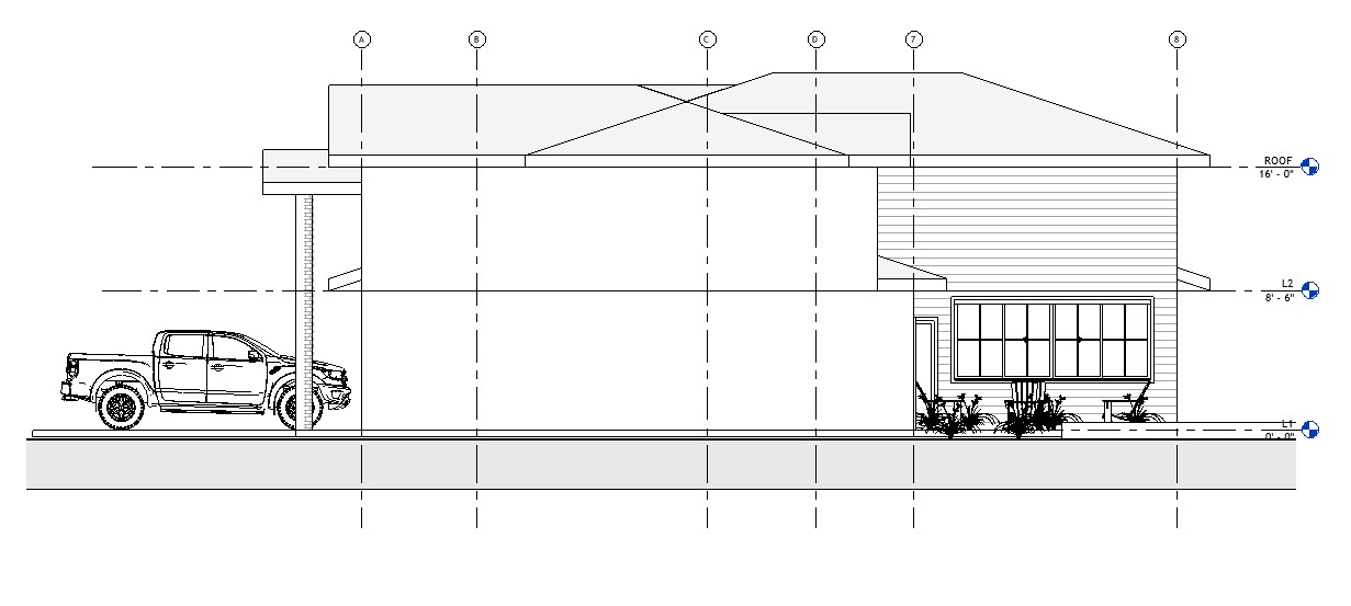 Right side elevation drawing of a 5090 sq ft 2-story California house plan