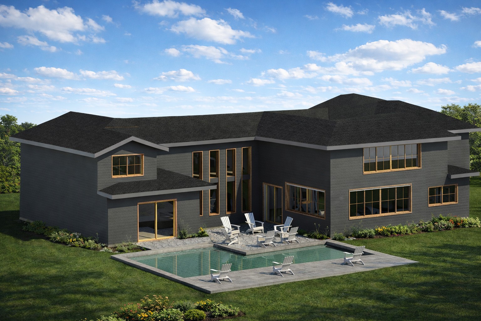 Isometric exterior view of a 5090 sq ft 6-bedroom California house plan