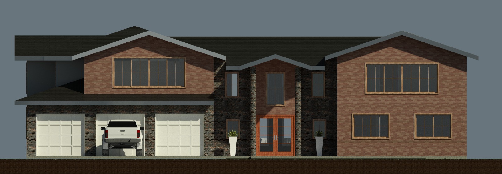 Exterior perspective view of a 5090 sq ft 6-bedroom California house plan
