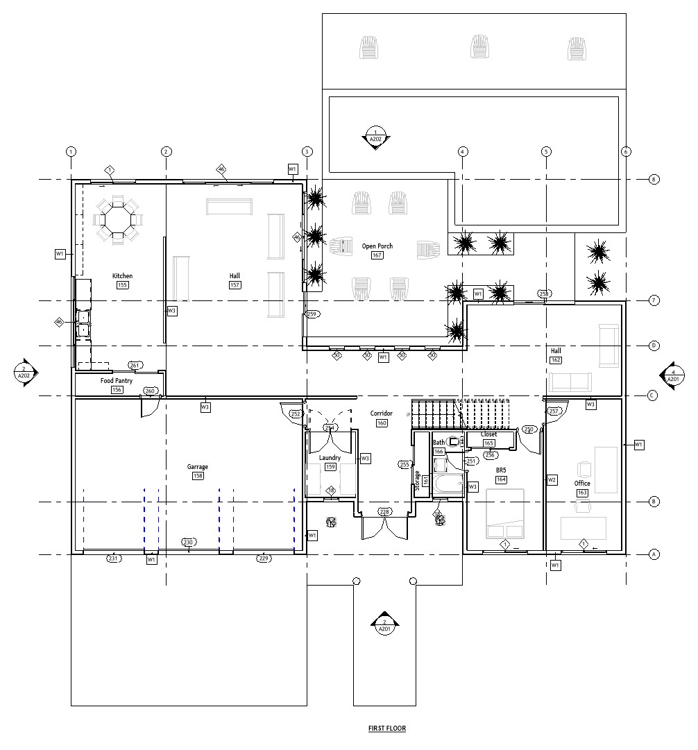 First floor plan of a 5090 sq ft 6-bedroom 2-story California house plan