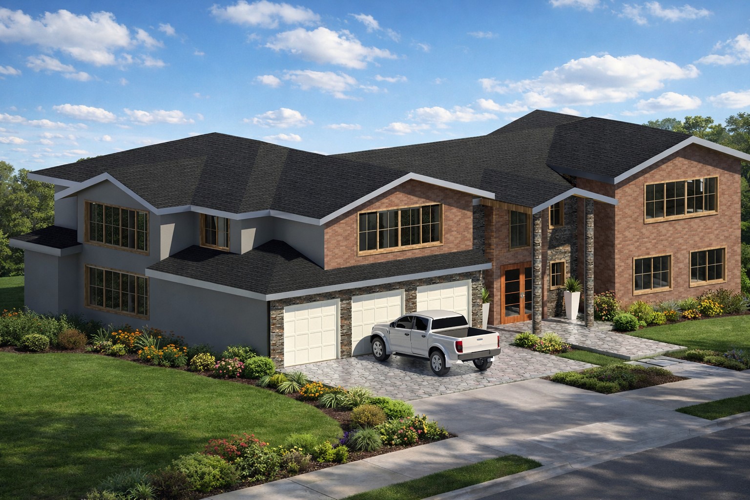 Front 3D isometric rendering of a 5090 sq ft 6-bedroom 2-story house plan in California