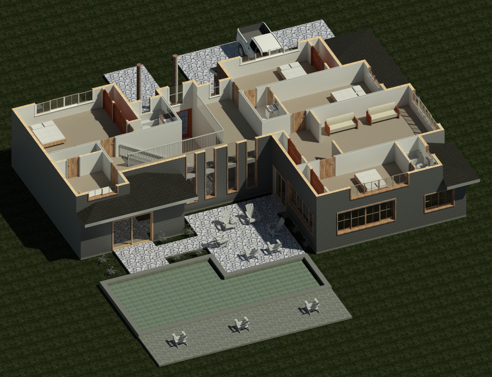 First floor isometric interior view of a 5090 sq ft 6-bedroom California house plan